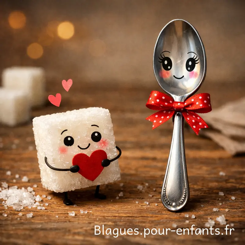 Blague pour enfants. Un morceau de sucre est amoureux d'une petite cuillère.